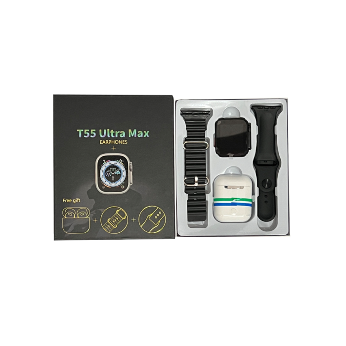 Pack Montre Smart T55 Ultra Pro Max + 2 Ceintures + Earbuds - Noir