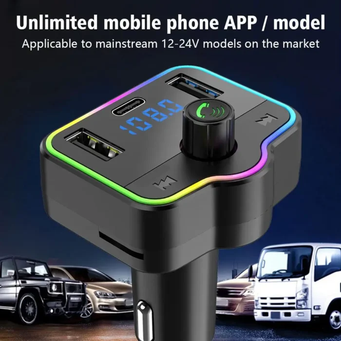 Voiture Bluetooth 5.0 FM Type-C Double USB 3.1A Chargeur Rapide Coloré