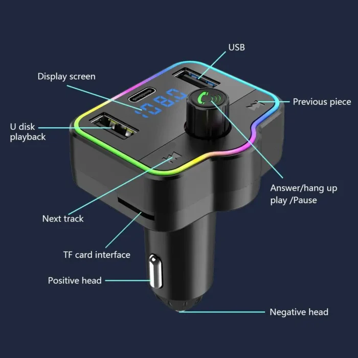 Voiture Bluetooth 5.0 FM Type-C Double USB 3.1A Chargeur Rapide Coloré