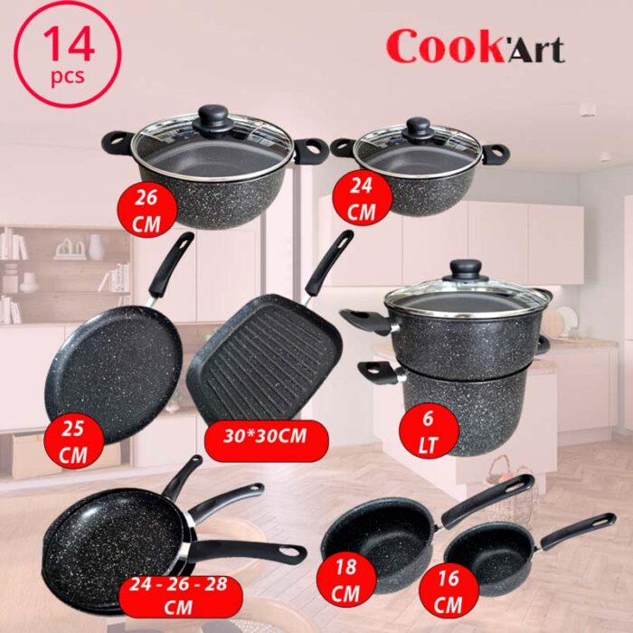 batterie de cuisine 14 pcs noir granite cookart